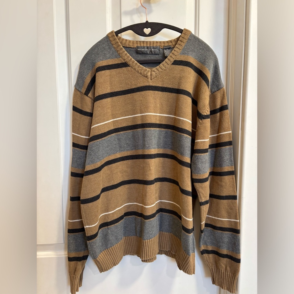 Oscar de la Renta Striped V-Neck Sweater Men’s XL Brown Gray Black